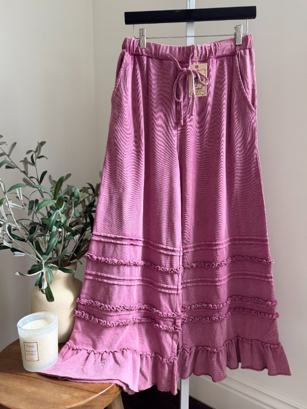 EASEL WASHED TERRY TIERED RUFFLED WIDE LEG PANTS 100% COTTON